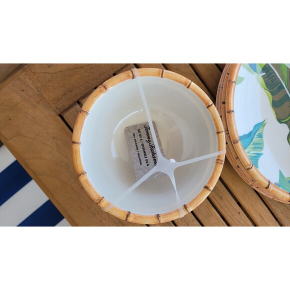 Set 4 Tommy Bahama Bamboo Dinner Plates & Bowls Tropical Palm Leaf New - Picture 6 of 8